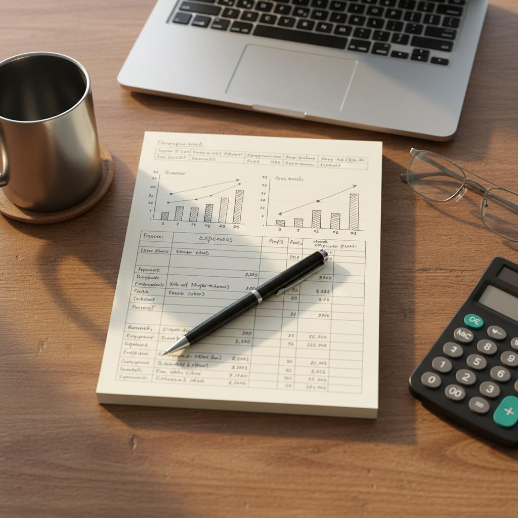 Businessplan mit handgezeichneten Diagrammen und Kennzahlen auf dem Schreibtisch neben Laptop, Taschenrechner und Kaffeetasse