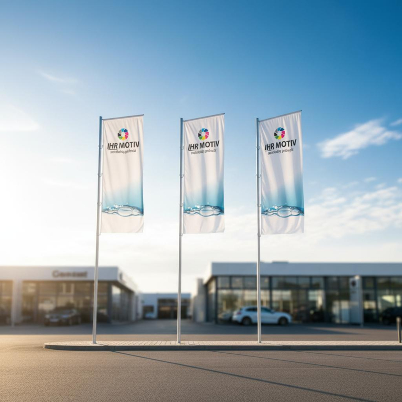 Drei Fahnenmasten mit bedruckten Werbefahnen auf dem Firmenhof eines Autohauses bei strahlendem Sonnenschein