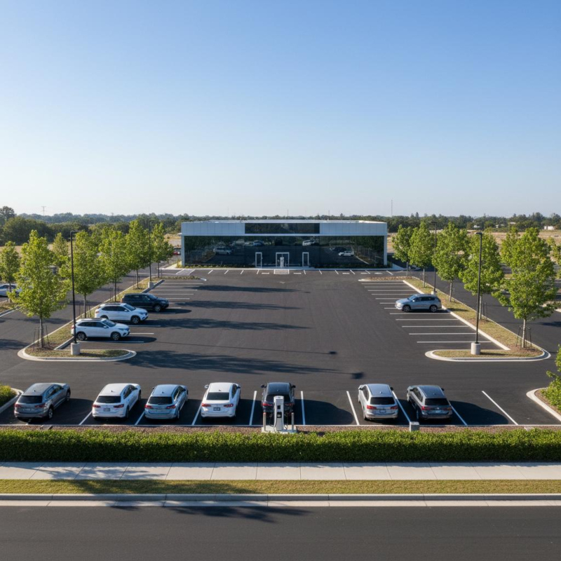Luftaufnahme eines modernen Autohaus-Standorts mit Außengelände, Stellplätzen, Ladeinfrastruktur und Showroom-Gebäude