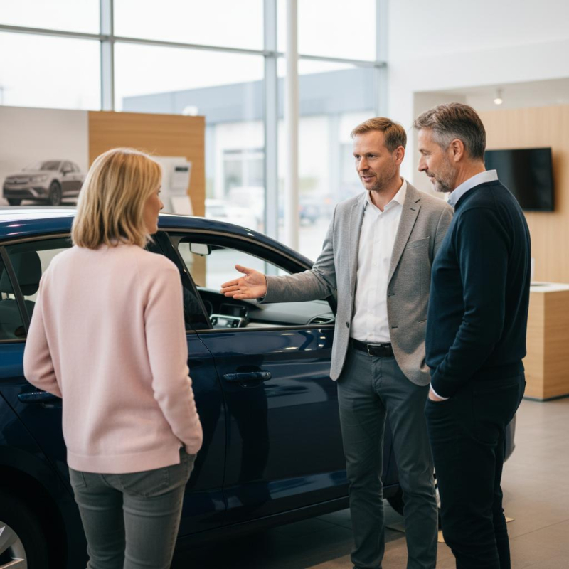 Verkäufer stellt einem Paar ein Fahrzeug im Showroom eines neu eröffneten Autohauses vor