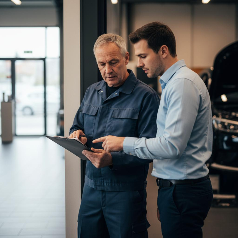 Werkstattleiter und Verkäufer besprechen einen Auftrag anhand einer Checkliste im Übergangsbereich zum Showroom