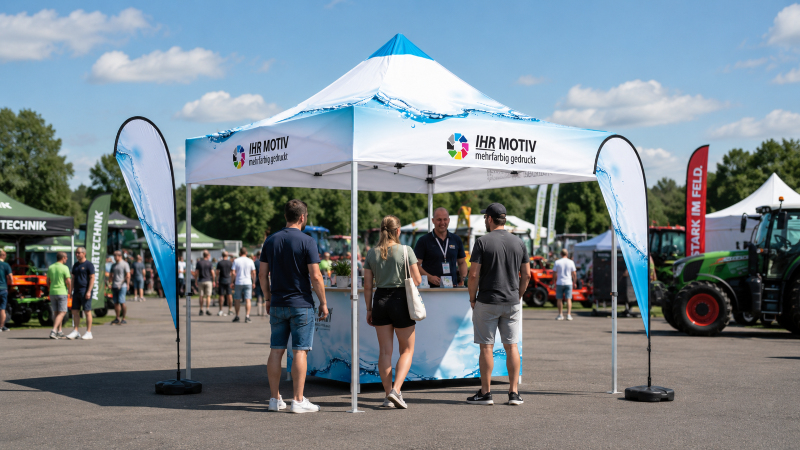 Bedrucktes Faltzelt als wetterfeste Bühne für den Outdoor-Promotionsstand