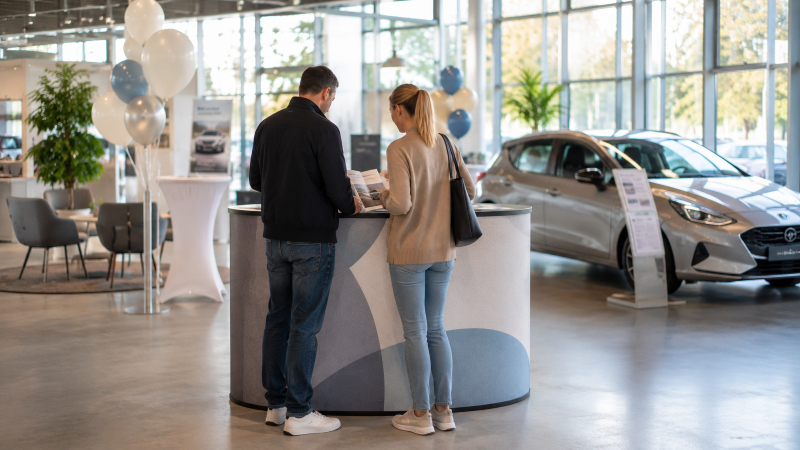 Werbestand bei einer Hausmesse im Autohaus für Modellpräsentation und Beratung