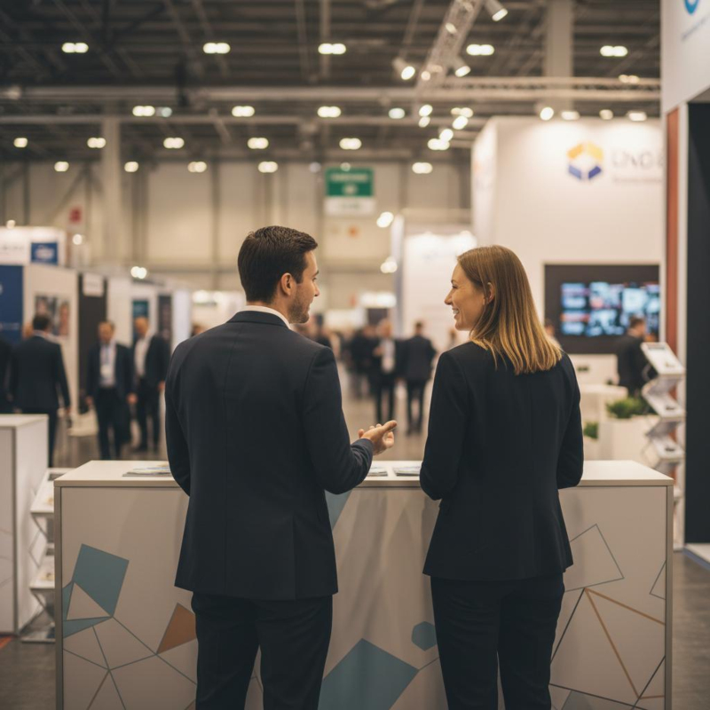 Standmitarbeiter im Gespräch mit Besucher am Promotionsstand