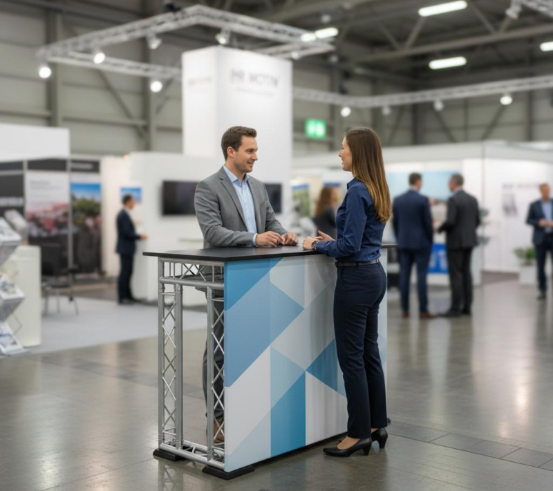 Promotionsstand mit Werbefläche, Tresen und Ablage für Werbematerial