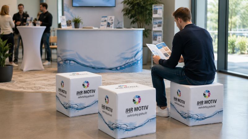 Bedruckte Sitzwürfel als flexible Sitzgelegenheit im Standumfeld