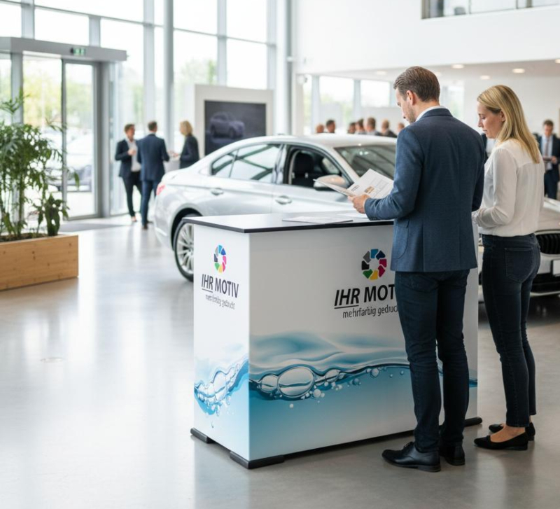 Bedruckte Messetheke mit Truss-Konstruktion als Indoor-Promotionsstand