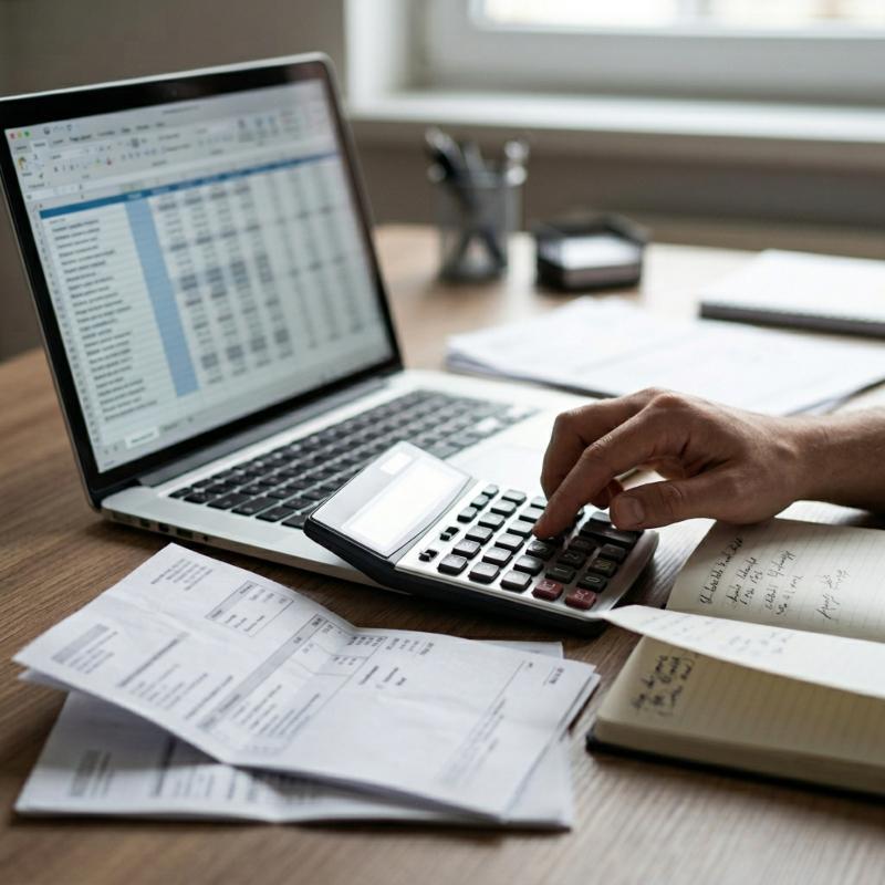 Budget für den Messeauftritt planen Messeplanung am Schreibtisch mit Budgetunterlagen und Laptop