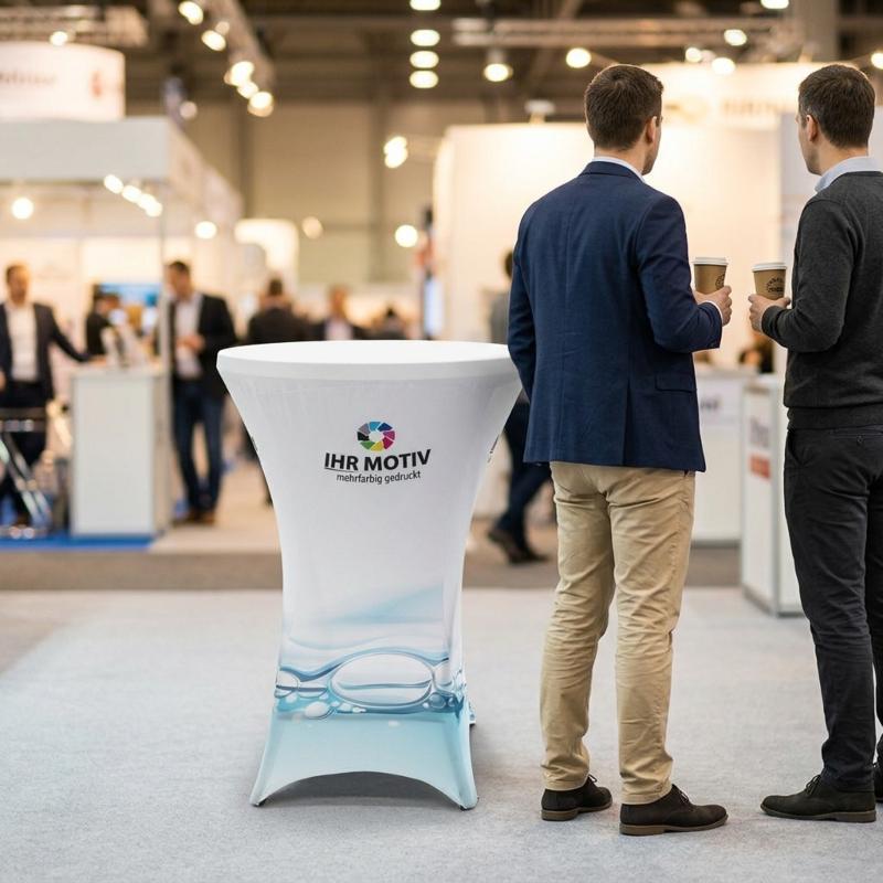 Stehtisch mit Husse für den Messestand Bedruckter Stehtisch mit Husse als Standausstattung auf der Messe