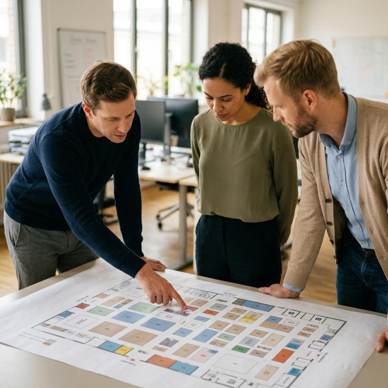 Messeauftritt planen im Team Team plant gemeinsam den Messeauftritt anhand eines Hallenplans