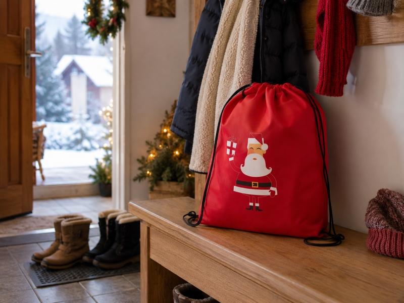 Werbegeschenk zu Weihnachten: bedruckter Gymbag im Hauseingang Bedruckter Gymbag als Werbegeschenk zu Weihnachten auf einer Bank im Hauseingang