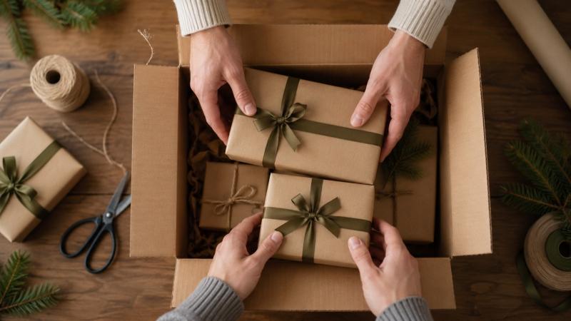 Werbegeschenke zu Weihnachten für den Versand verpacken Verpacken von Werbegeschenken zu Weihnachten in einen Versandkarton