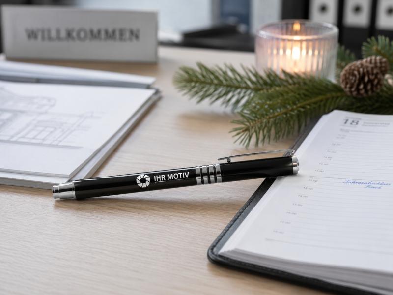 Werbegeschenk zu Weihnachten: bedruckter Rollerball am Empfangstresen Bedruckter Rollerball als Werbegeschenk zu Weihnachten auf einem Empfangstresen