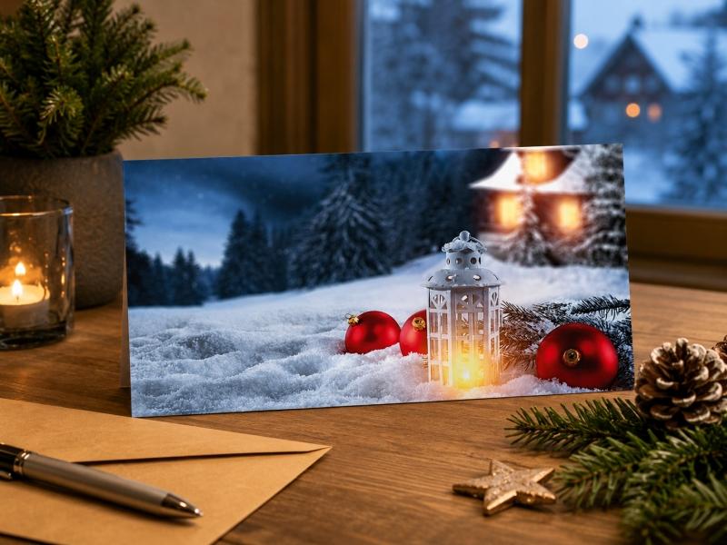Weihnachtsgruß auf einer separaten Postkarte zum Werbegeschenk Weihnachtliche Postkarte als separater Weihnachtsgruß neben einem Werbegeschenk