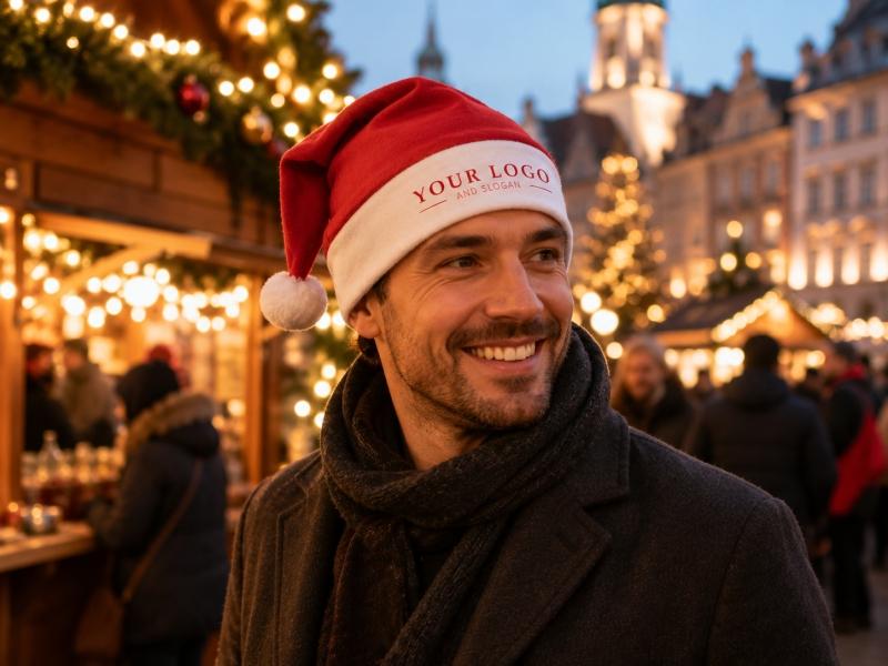 Werbegeschenk zu Weihnachten mit Firmeneindruck auf einer Weihnachtsmütze Person mit bedruckter Weihnachtsmütze als Werbegeschenk auf einem Weihnachtsmarkt