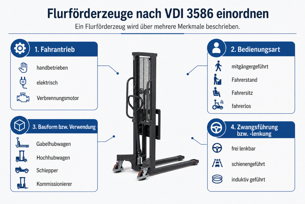 Flurförderzeuge nach VDI 3586 einordnen Infografik zur Einordnung von Flurförderzeugen nach VDI 3586 anhand von Fahrantrieb, Bedienungsart, Bauform und Zwangsführung