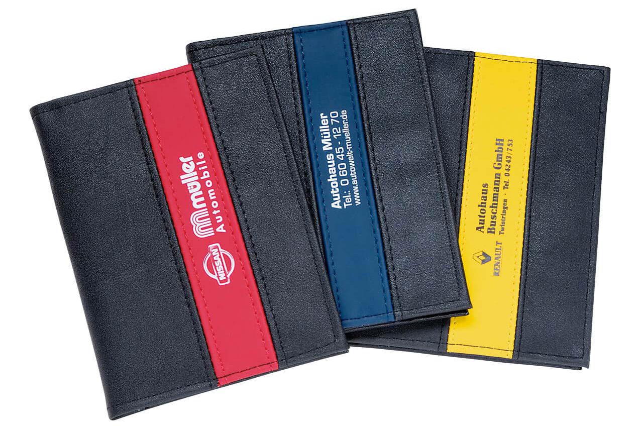 CreativDesign® Ausweistasche aus Kunstleder, mit farbigem Designstreifen - schwarz/blau
