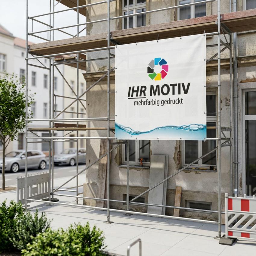 Bedrucktes Gerüstbanner an einer Sanierungsbaustelle