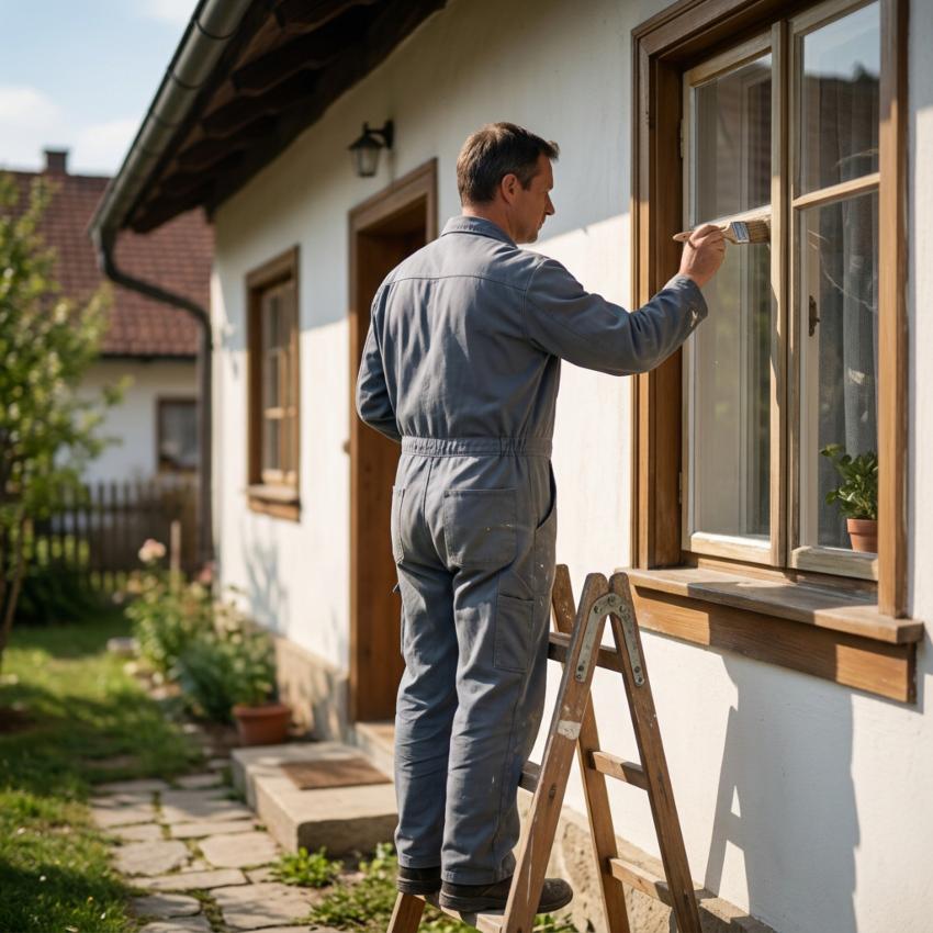 Handwerker streicht einen Fensterrahmen an einer Hausfassade