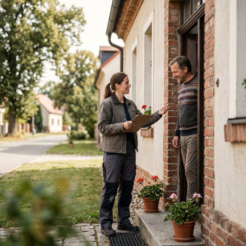 Handwerker im Gespräch mit einer Kundin an der Haustür