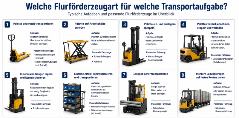 Welche Flurförderzeugart für welche Transportaufgabe? Infografik mit typischen Transportaufgaben und der jeweils passenden Flurförderzeugart von Handhubwagen bis Routenzug