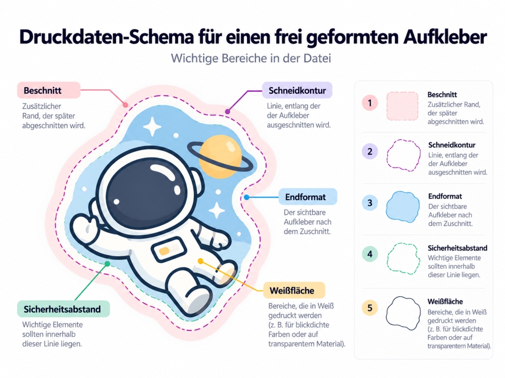 Druckdaten für einen frei geformten Aufkleber Infografik: Druckdaten-Schema eines frei geformten Aufklebers mit Beschnitt, Schneidkontur, Endformat, Sicherheitsabstand und Weißfläche