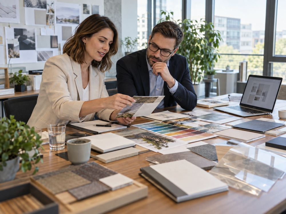 Farb- und Materialmuster abstimmen Zwei Personen stimmen an einem Besprechungstisch Farbmuster und Materialproben für den Werbedruck ab