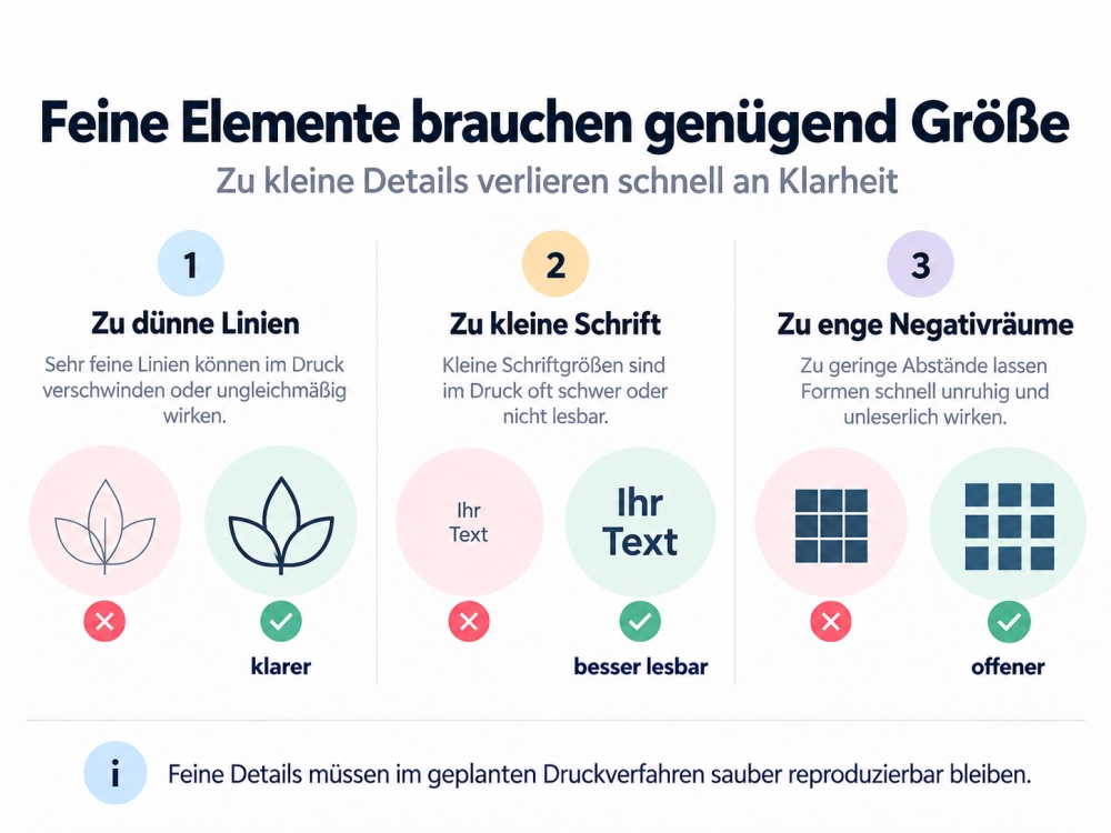 Feine Elemente brauchen genügend Größe Infografik: zu dünne Linien, zu kleine Schrift und zu enge Negativräume im Druck mit korrigierten Beispielen