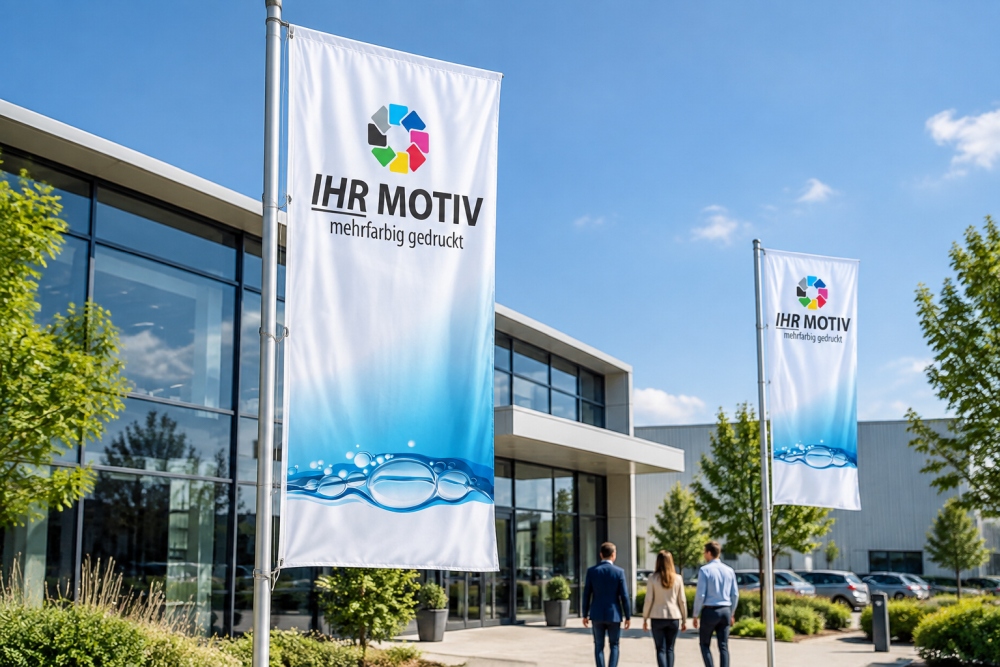 Hissfahne 150 x 600 cm im Außeneinsatz Zwei bedruckte Hissfahnen im Hochformat vor einem Firmengebäude bei Sonnenschein
