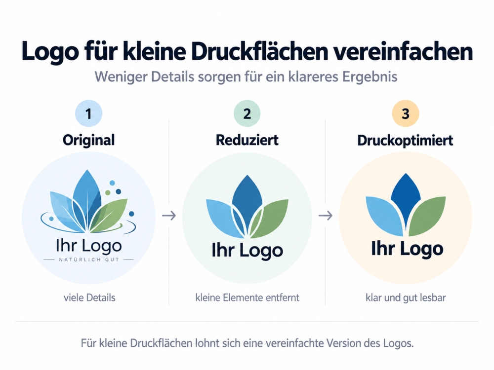 Logo für kleine Druckflächen vereinfachen Infografik: Logo in drei Stufen vom Original über eine reduzierte zur druckoptimierten Version für kleine Druckflächen