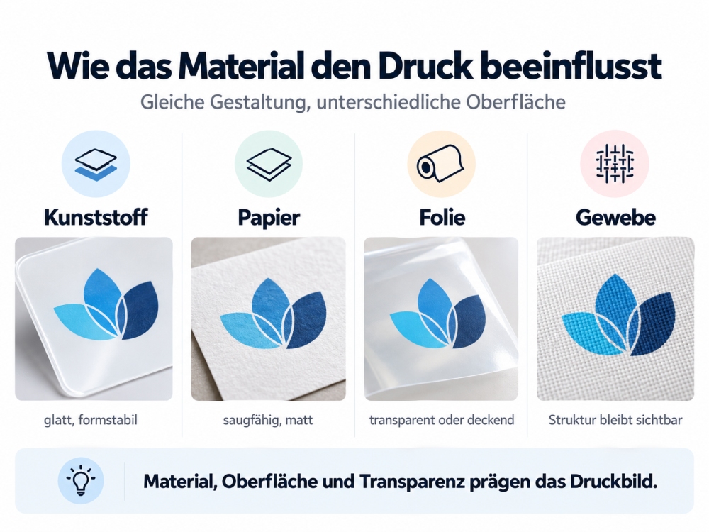 Wie das Material den Druck beeinflusst Infografik: dasselbe Logo im Werbedruck auf Kunststoff, Papier, Folie und Gewebe im Vergleich