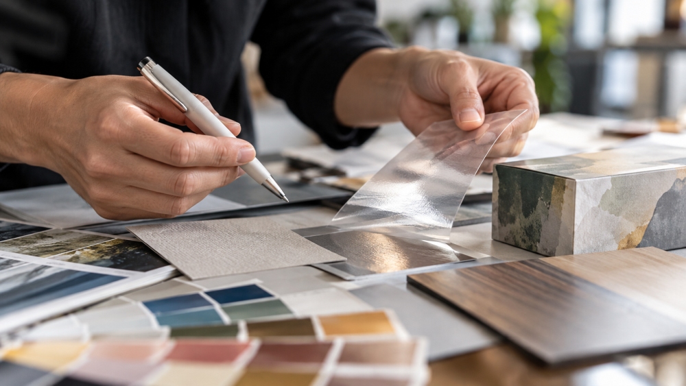 Bedruckstoffe im Vergleich Nahaufnahme von Papier, transparenter Folie, Holzdekor und Farbmustern als unterschiedliche Bedruckstoffe