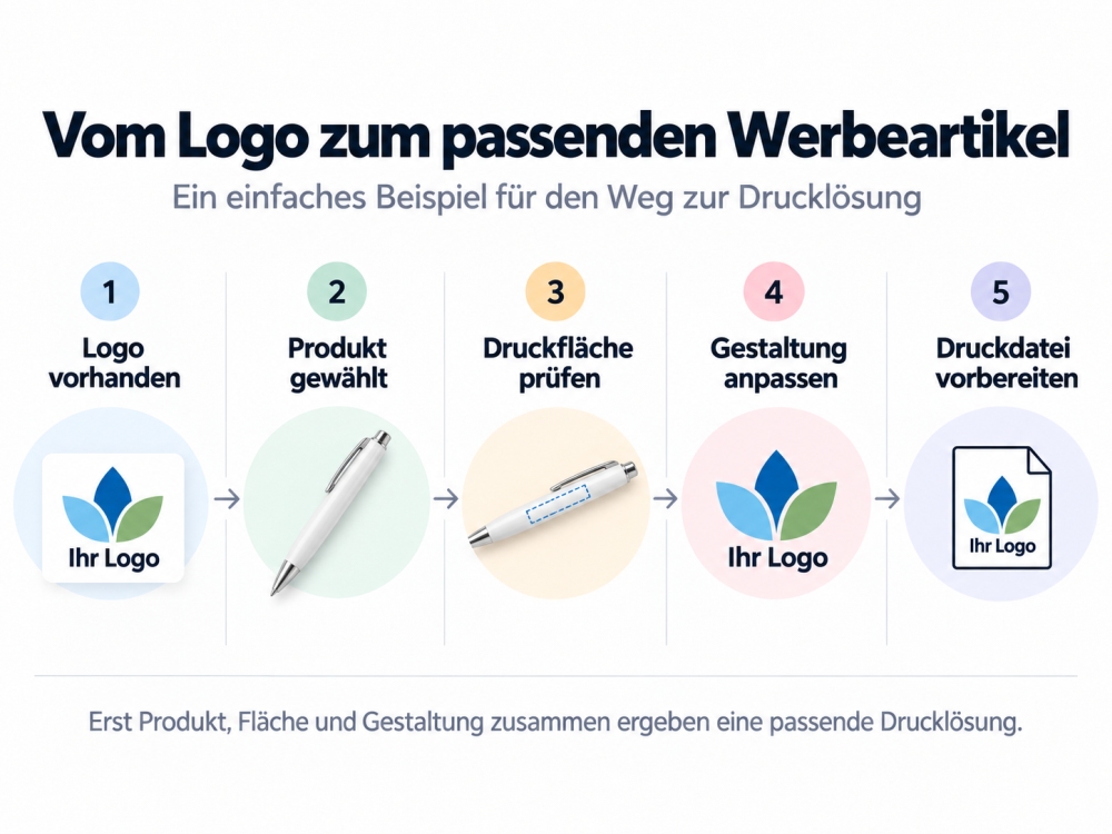 So wählen Sie den passenden Werbedruck Infografik: sechs Schritte zur Auswahl des passenden Werbedrucks vom Produkt bis zur druckfähigen Datei