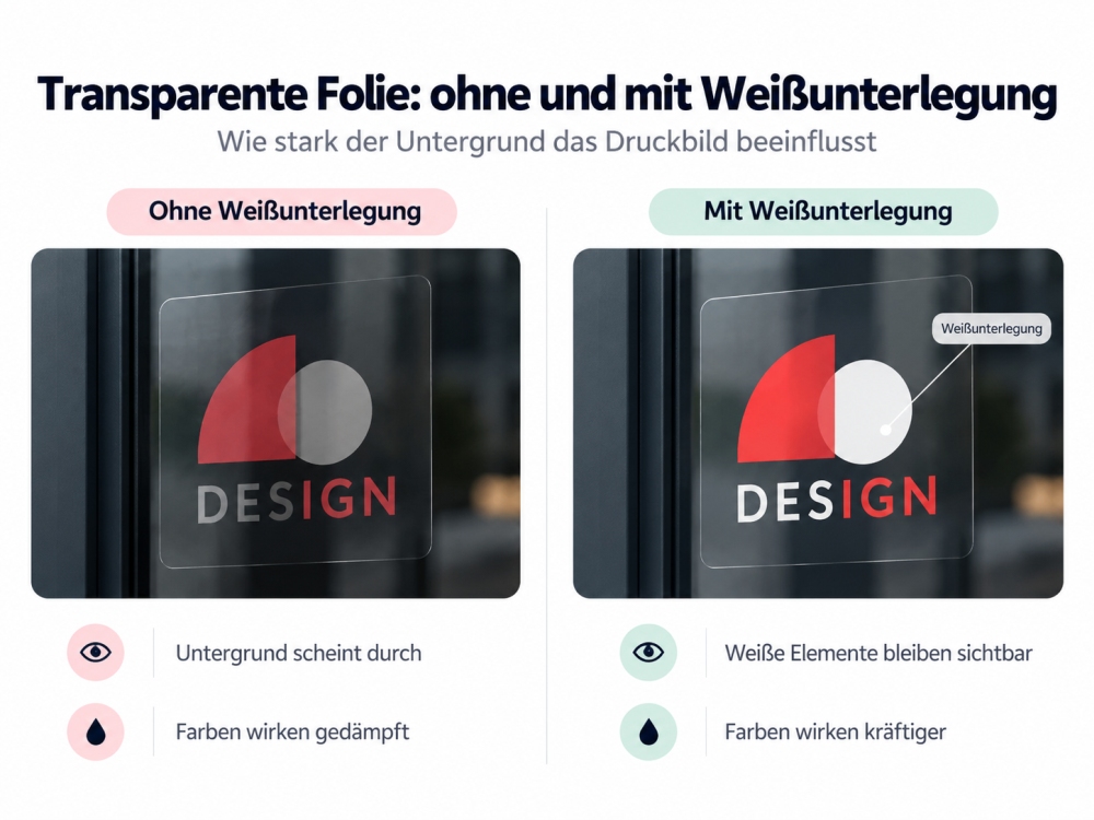 Transparente Folie ohne und mit Weißunterlegung Infografik: Druck auf transparenter Folie ohne und mit Weißunterlegung im direkten Vergleich