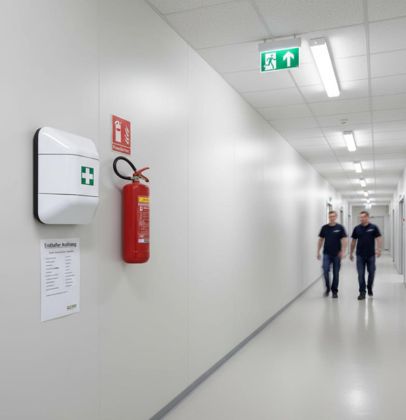 Geschulte Mitarbeiter und Erste-Hilfe-Ausrüstung gehören zur Arbeitssicherheit im Betrieb Ein Gang in einem Unternehmen, an der Wand hängen ein Feuerlöscher und ein Verbandskasten