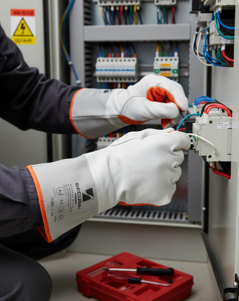 Personenbezogene Maßnahmen wie Schutzausrüstung sind ein wichtiger Bestandteil der Arbeitssicherheit Ein Monteur arbeitet mit Handschuhen an einem Sicherungskasten