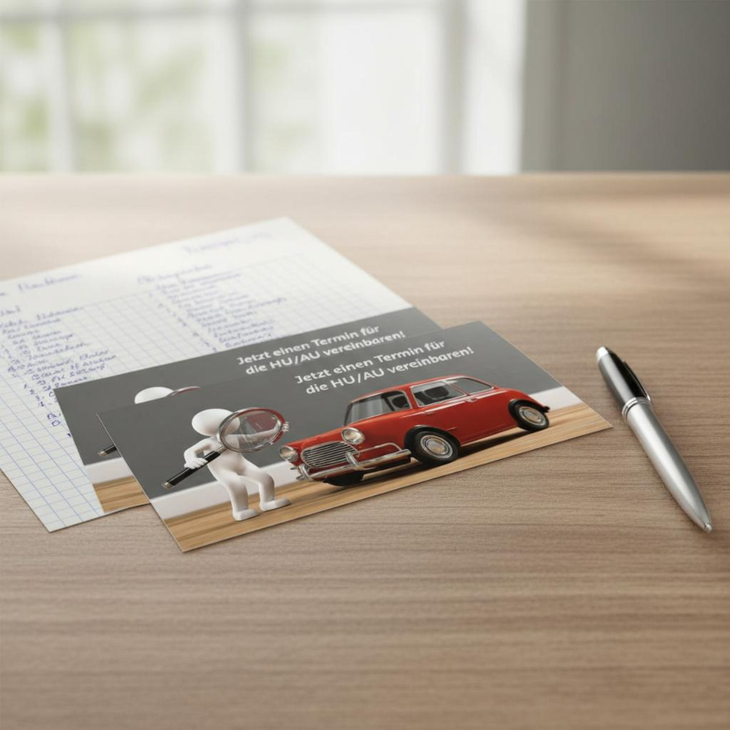 HU/AU-Erinnerungskarte mit Lupe-Motiv auf Schreibtisch neben handgeschriebener Adressliste – Direktmarketing für Kfz-Werkstätten