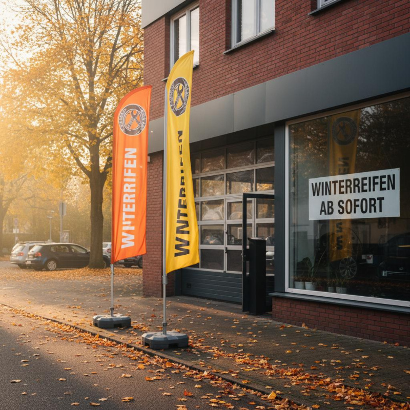 Zwei bedruckte Beachflags mit Winterreifen-Aufschrift vor einer Kfz-Werkstatt im Herbst – saisonale Außenwerbung zur Neukundengewinnung