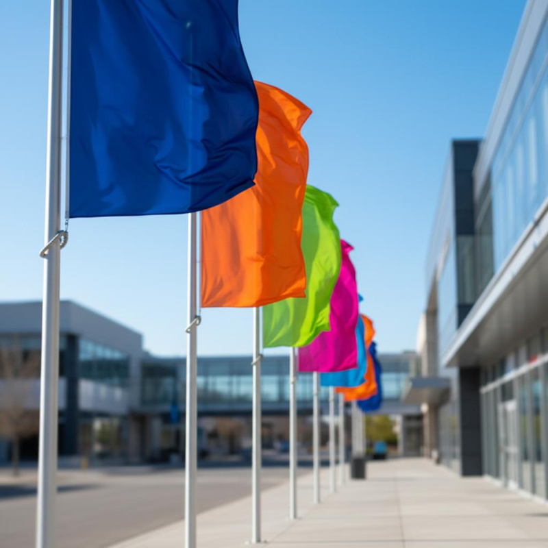 Bunte Fahnen wehen entlang einer Straße in einem Gewerbeviertel 