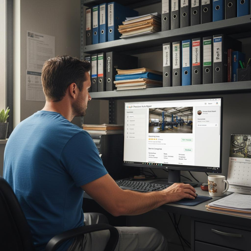 Werkstattinhaber pflegt sein Google-Unternehmensprofil am Computer – vollständige Angaben verbessern die lokale Sichtbarkeit für Neukunden