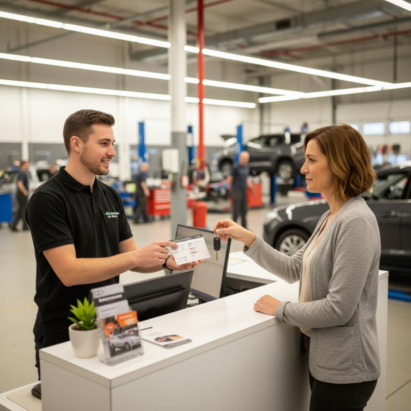 Serviceadvisor übergibt Autoschlüssel und Servicedokument an Kundin am Werkstatttresen – persönlicher Abschluss des ersten Auftrags als Grundlage für Stammkundenbindung