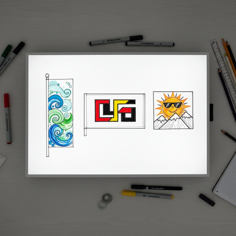 Auf einem Papier sind mehrere Entwürfe für Werbefahnen gezeichnet