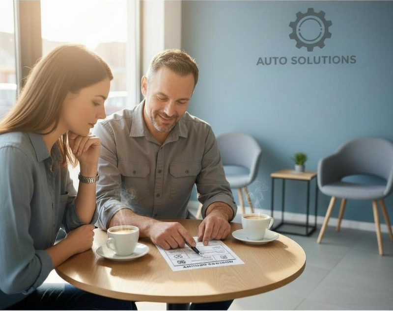 Paar beim Beratungsgespräch in der Werkstatt-Wartezone – persönliche Beratung schafft Vertrauen und fördert die Kundenbindung