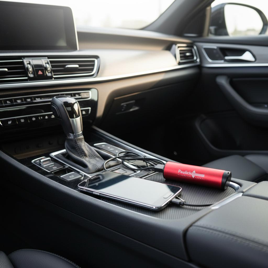 Ladegerät Powerbank Charger 2.200 aus Aluminium mit Firmendruck im Auto Bedruckte Powerbank aus Aluminium auf der Mittelkonsole eines Pkw – mobile Werbeartikel-Idee für Gewerbekunden