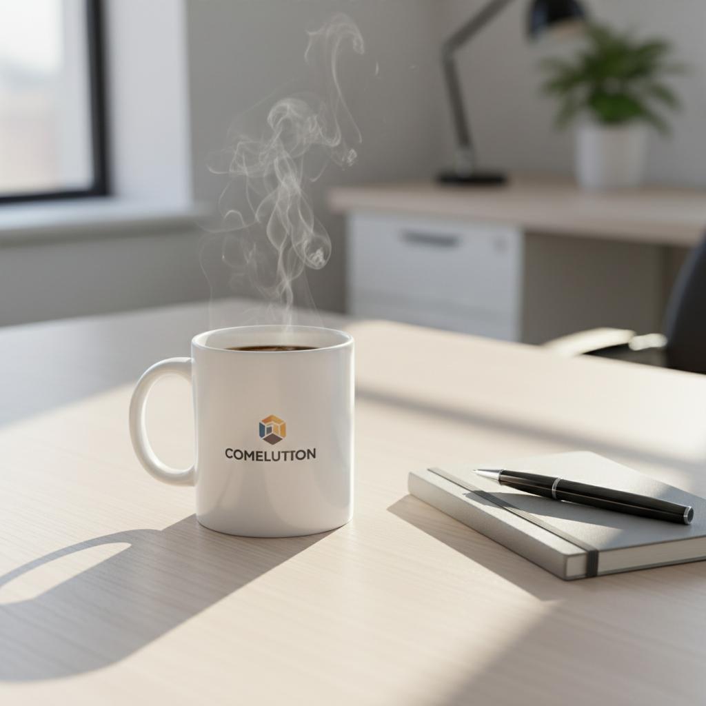 Maxim Loft Pure Tasse aus Keramik mit Firmendruck auf dem Büroschreibtisch Bedruckte Keramiktasse mit Firmenlogo auf dem Büroschreibtisch – Werbeartikel-Idee für Geschäfts- und Gewerbekunden