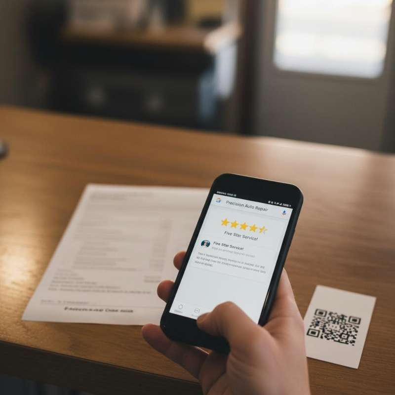Kunde hält Smartphone mit Google-Bewertung einer Kfz-Werkstatt – QR-Code auf der Rechnung daneben erleichtert den Bewertungsprozess