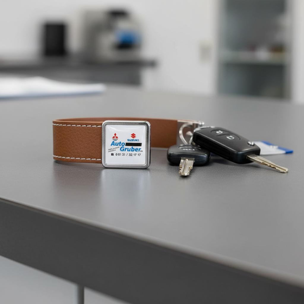 Schlüsselband Doming aus Metall und Kunstleder mit Firmenlogo auf Werkstatt-Tresen Schlüsselband mit Doming-Firmenlogo und Autoschlüssel auf dem Tresen einer Kfz-Werkstatt – Werbeartikel mit 3D-Druckeffekt