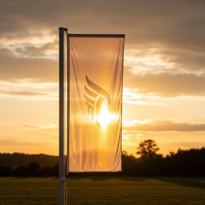 Eine Fahne, die von der Abendsonne durchschienen, wird