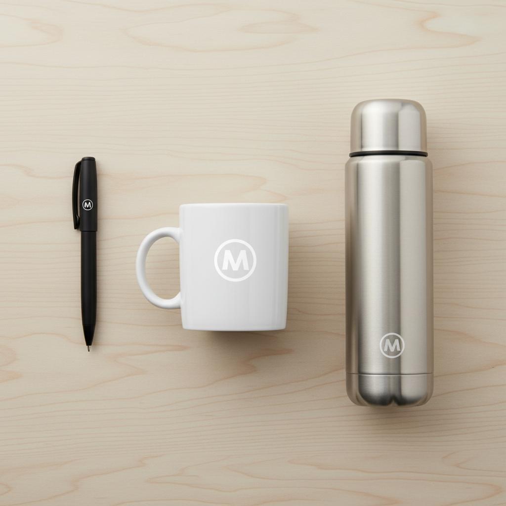 Kugelschreiber, Tasse und Thermosflasche mit einheitlichem Firmenlogo als Werbeartikel-Set Flat-lay mit bedrucktem Kugelschreiber, Keramiktasse und Thermosflasche – Werbeartikel-Ideen mit einheitlichem Firmenaufdruck