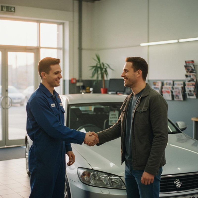 Mechaniker in blauem Overall begrüßt neuen Kunden mit Handschlag in der Kfz-Werkstatt – erster Schritt zur Stammkundenbindung